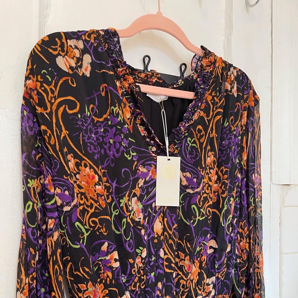 NWT Ramy Brook black floral maxi dress with smocked cuffs and waist, size S